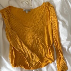 Mustard Ribbed Long-Sleeve Scoop Neck Top